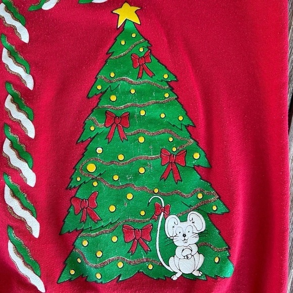 VTG Christmas Sweatshirt Cat Mouse Holiday Time Puffy Graphic Crewneck Med Red - Picture 6 of 11